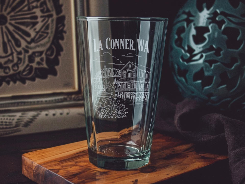 La Conner WA Pint Glass, La Conner Washington Souvenir Glass, Skagit Valley Travel Gift, Pacific Northwest Drinkware