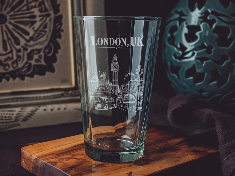 London UK Pint Glass, London Skyline Souvenir Beer Glass, Big Ben Tower Bridge Thames Cityscape Barware Gift