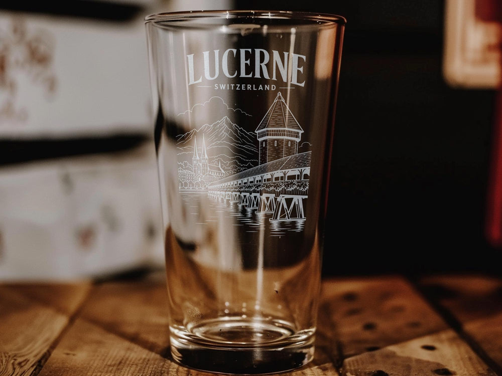 Lucerne Switzerland Pint Glass, Lake Lucerne Souvenir Beer Glass, Swiss Alps Travel Gift, Switzerland Drinkware, Lucerne Gift
