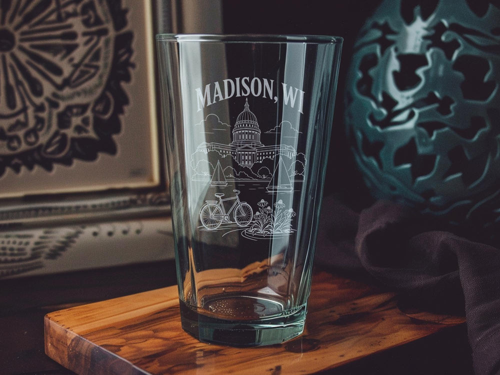 Madison WI Pint Glass, Madison Wisconsin Souvenir Beer Glass, Wisconsin Travel Gift, Madison Skyline Drinkware, Lake Mendota Gift