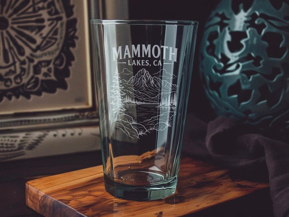 Mammoth Lakes CA Pint Glass, California Mountain Town Souvenir Beer Glass, Sierra Nevada Vacation Keepsake Drinkware