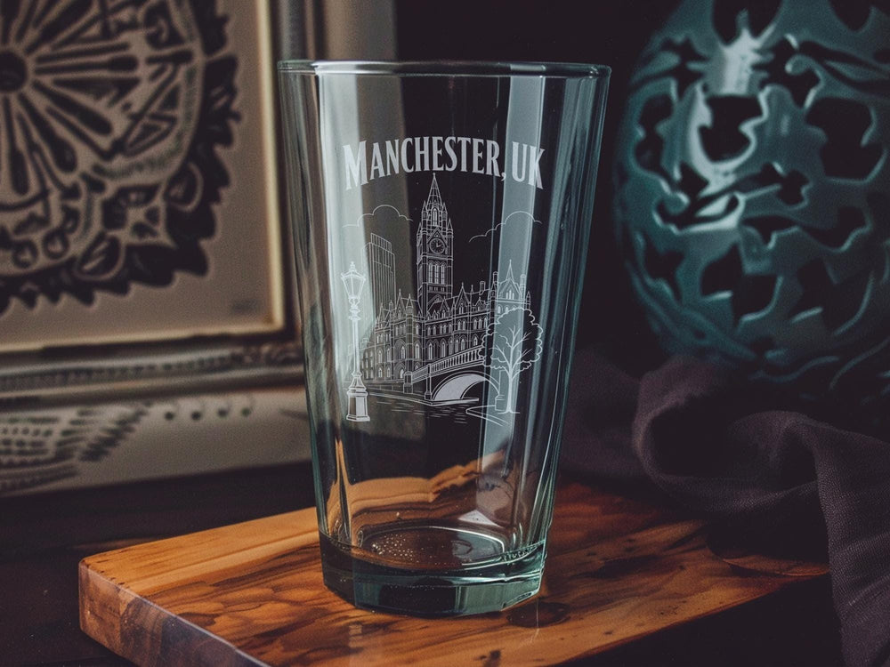 Manchester UK Pint Glass, Manchester Skyline Souvenir Beer Glass, England City Landmarks Pub Glass Gift