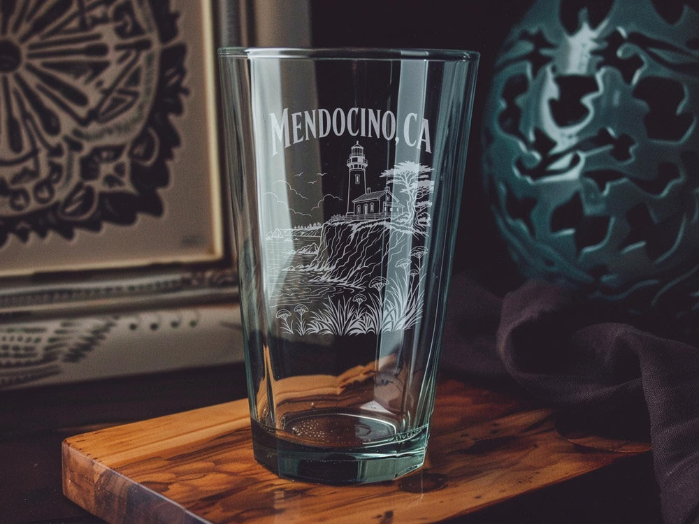 Mendocino CA Pint Glass, Mendocino California Souvenir Drinkware, Coastal Town Vacation Keepsake Gift