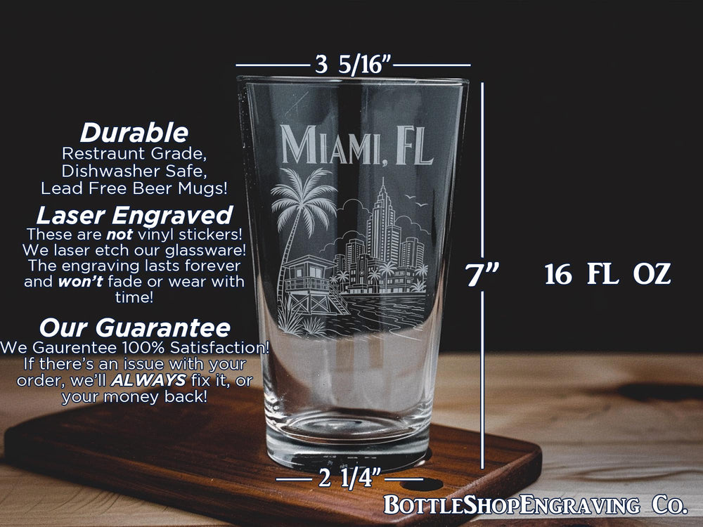 Miami Florida Pint Glass, Miami FL Souvenir Drinkware, South Beach Vacation Gift, Miami Skyline Beach Theme Bar Glass
