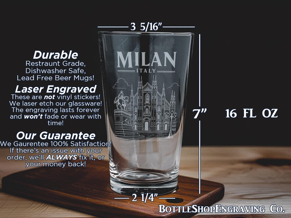 Milan Italy Pint Glass, Milano Souvenir Beer Glass, Italy Travel Gift, Milan Skyline Landmark Drinkware, Italian City Cup