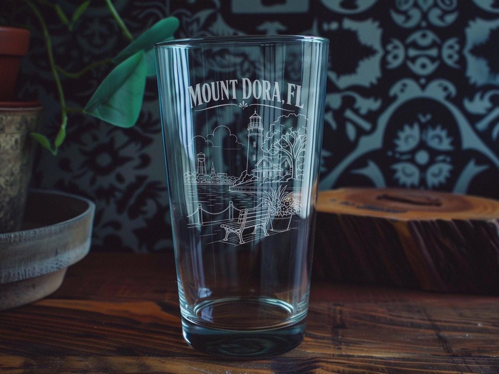 Mount Dora FL Pint Glass, Mount Dora Florida Souvenir Beer Glass, Lake County Travel Gift, Florida Vacation Drinkware