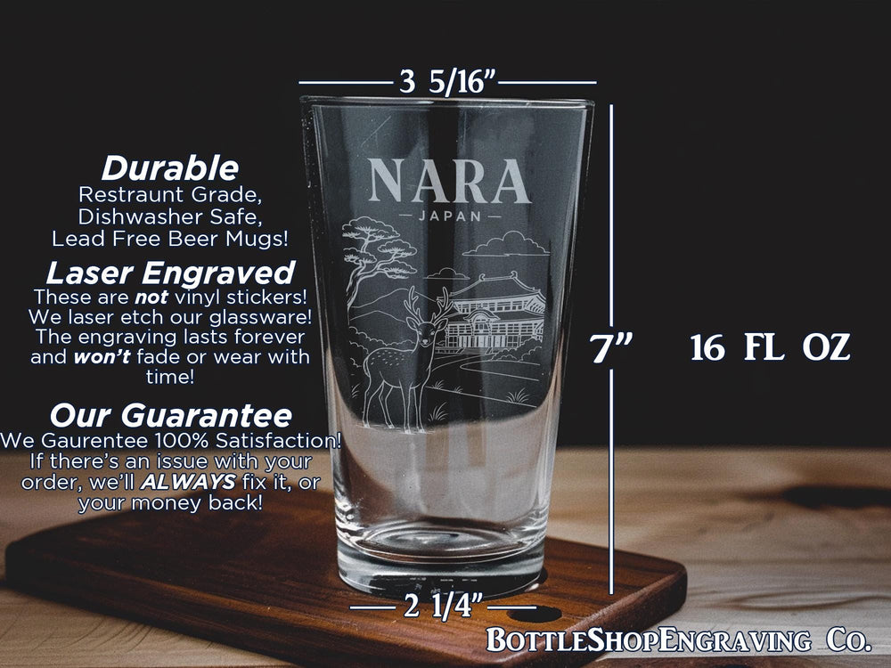 Nara Japan Pint Glass, Nara Deer Park Souvenir Glass, Todai-ji Temple and Great Buddha Landmark Drinkware, Japan Travel Gift