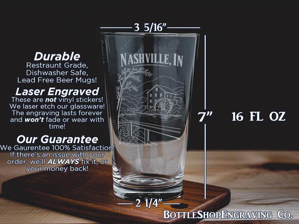 Nashville Indiana Pint Glass, Nashville IN Souvenir Beer Glass, Brown County Indiana Travel Gift Drinkware