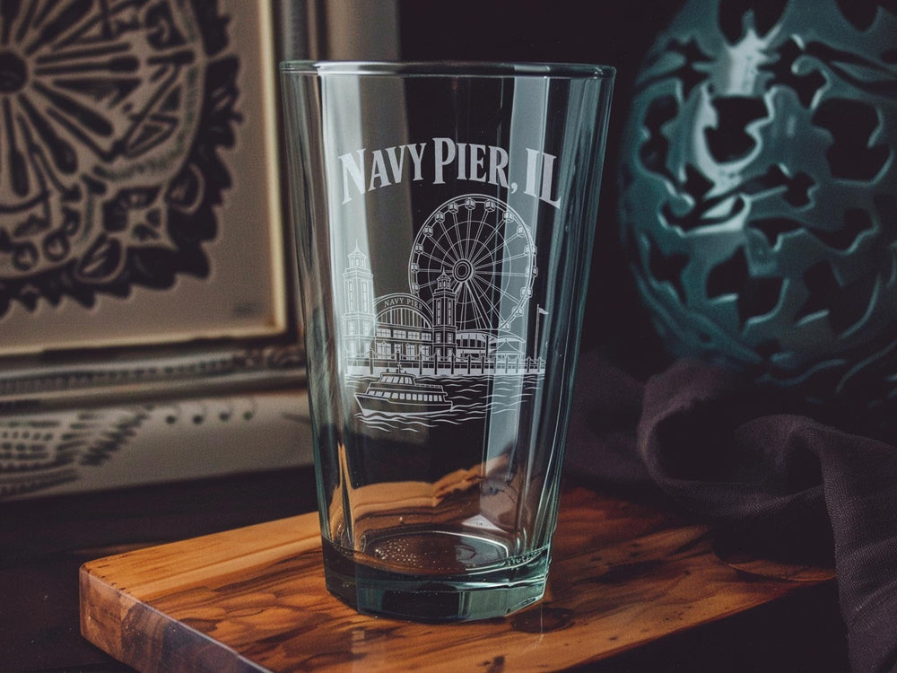 Navy Pier Illinois Pint Glass, Chicago Landmark Souvenir Drinkware, Lake Michigan Waterfront Attraction Gift