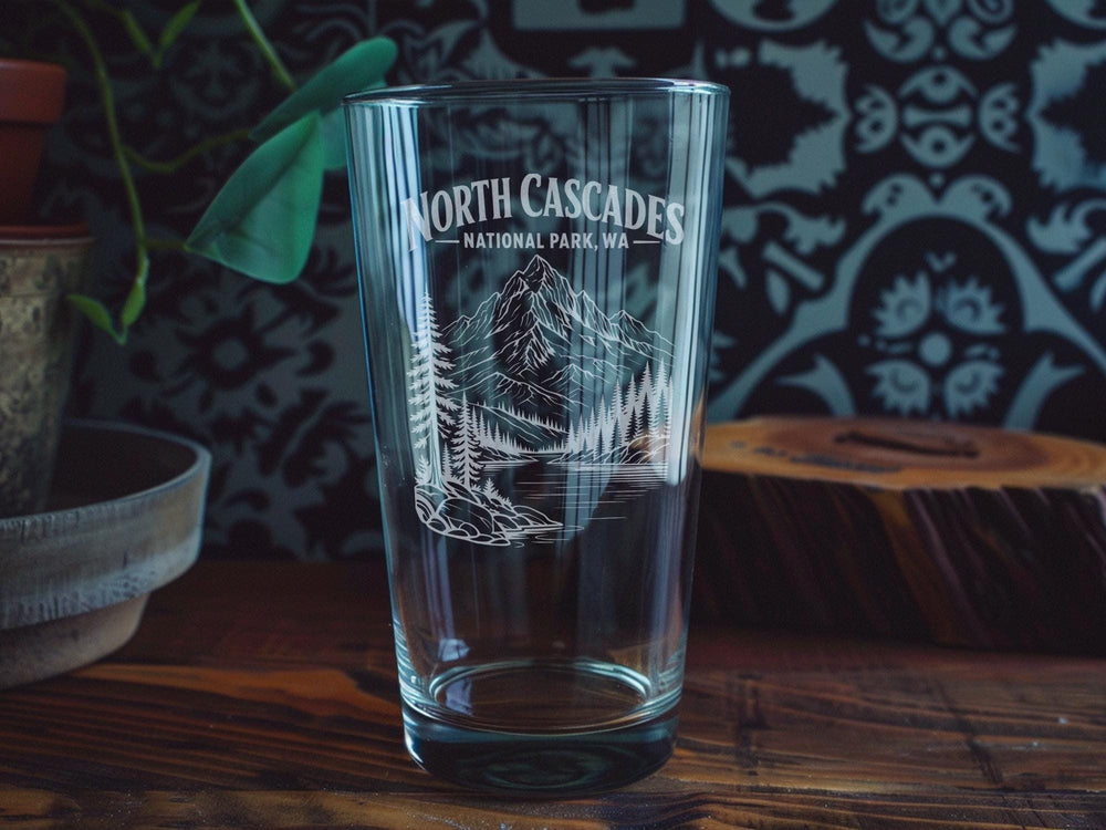 North Cascades National Park WA Pint Glass, Washington Mountain Landscape Souvenir Glass, Pacific Northwest Travel Gift