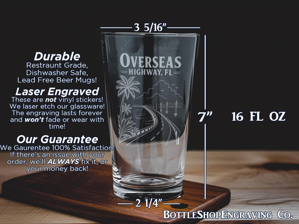 Overseas Highway Florida Pint Glass, Florida Keys Scenic Road Souvenir Glass, Key West Travel Gift Drinkware
