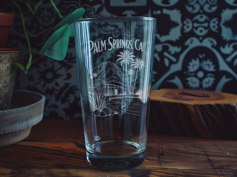Palm Springs CA Pint Glass, Palm Springs California Souvenir Drinkware, Desert City Vacation Gift, Retro Travel Bar Glass