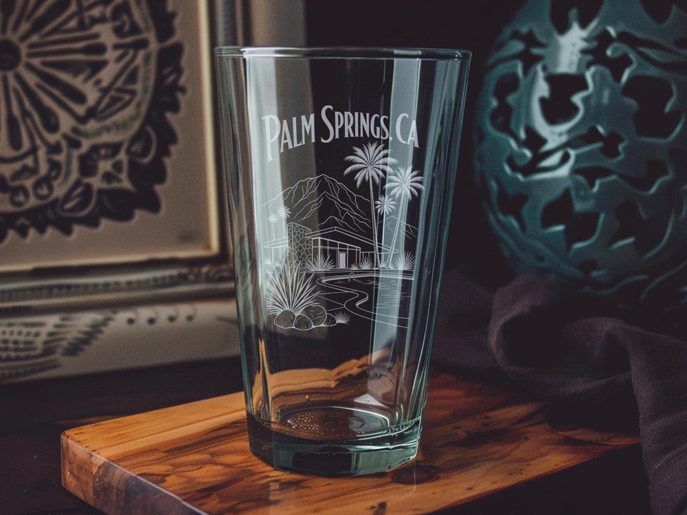 Palm Springs CA Pint Glass, Palm Springs California Souvenir Drinkware, Desert City Vacation Gift, Retro Travel Bar Glass