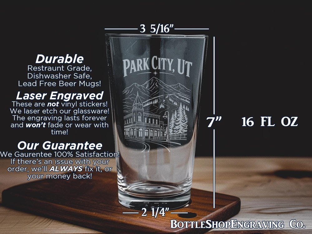 Park City UT Pint Glass, Park City Utah Souvenir Beer Glass, Ski Town Mountain Resort Travel Gift, Utah Vacation Drinkware