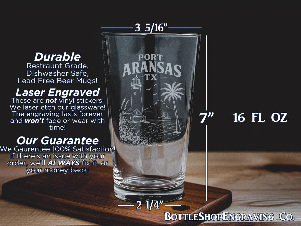 Port Aransas TX Pint Glass, Port Aransas Texas Souvenir Drinkware, Coastal Beach Town Gift, Vacation Keepsake Glass