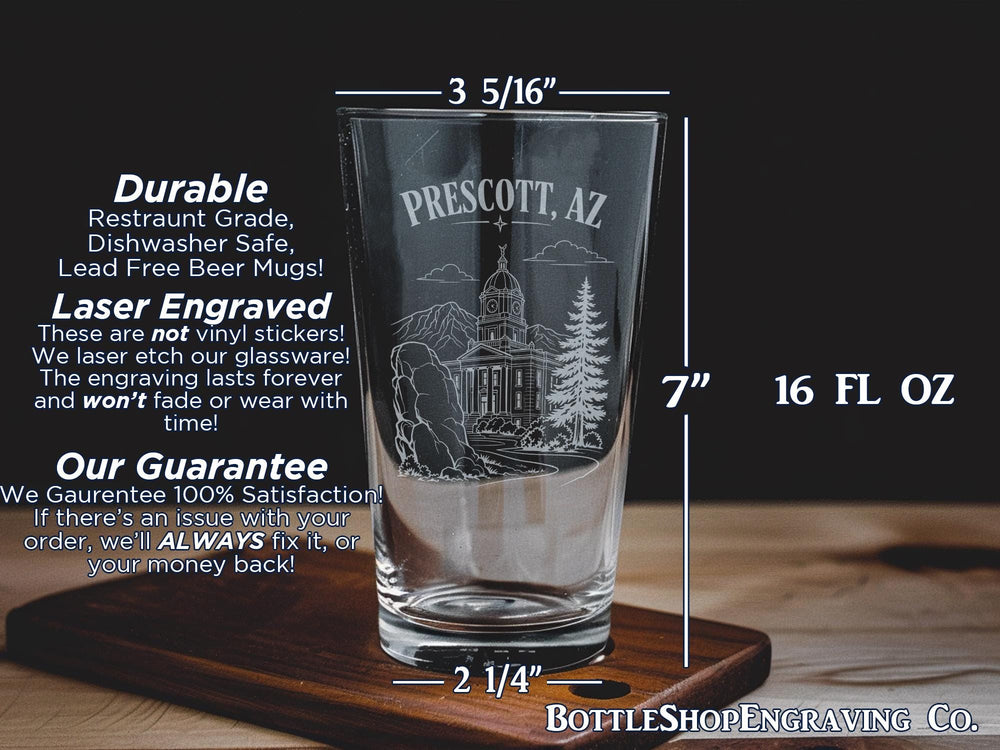 Prescott AZ Pint Glass, Prescott Arizona Souvenir Beer Glass, Downtown Prescott Travel Gift, Arizona Barware, City Pride Glassware