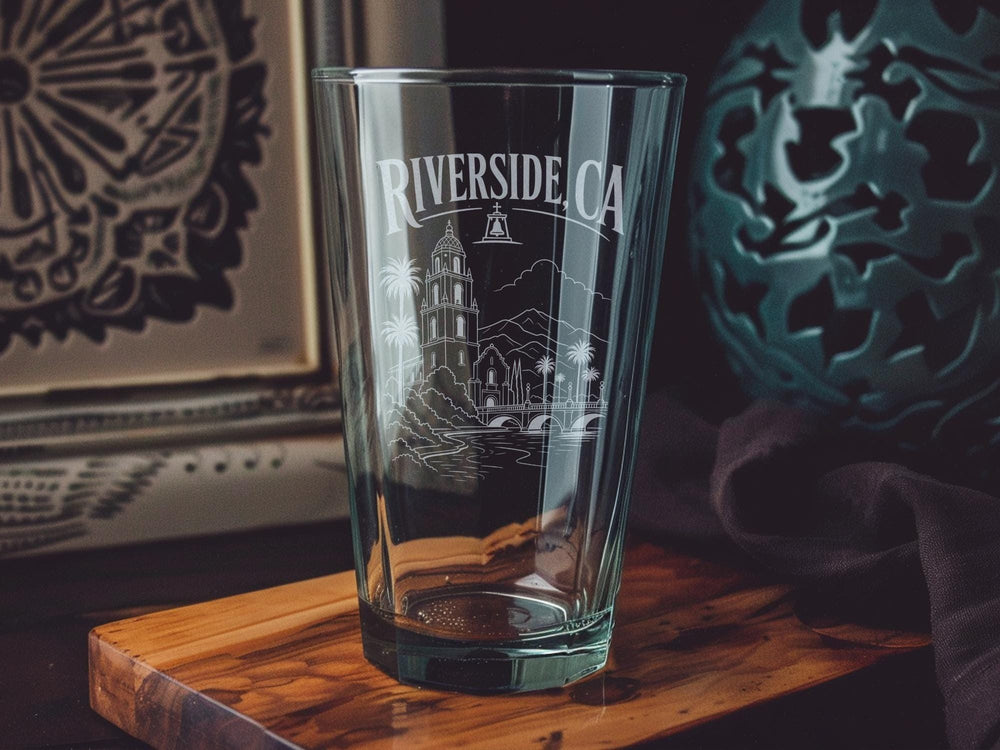 Riverside CA Pint Glass, Riverside California Souvenir Beer Glass, City Skyline & Landmark Drinking Glass Gift