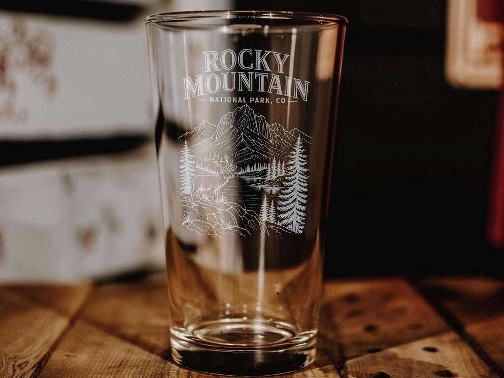 Rocky Mountain National Park Colorado Pint Glass Souvenir Mountain Landscape Travel Gift Estes Park CO Barware