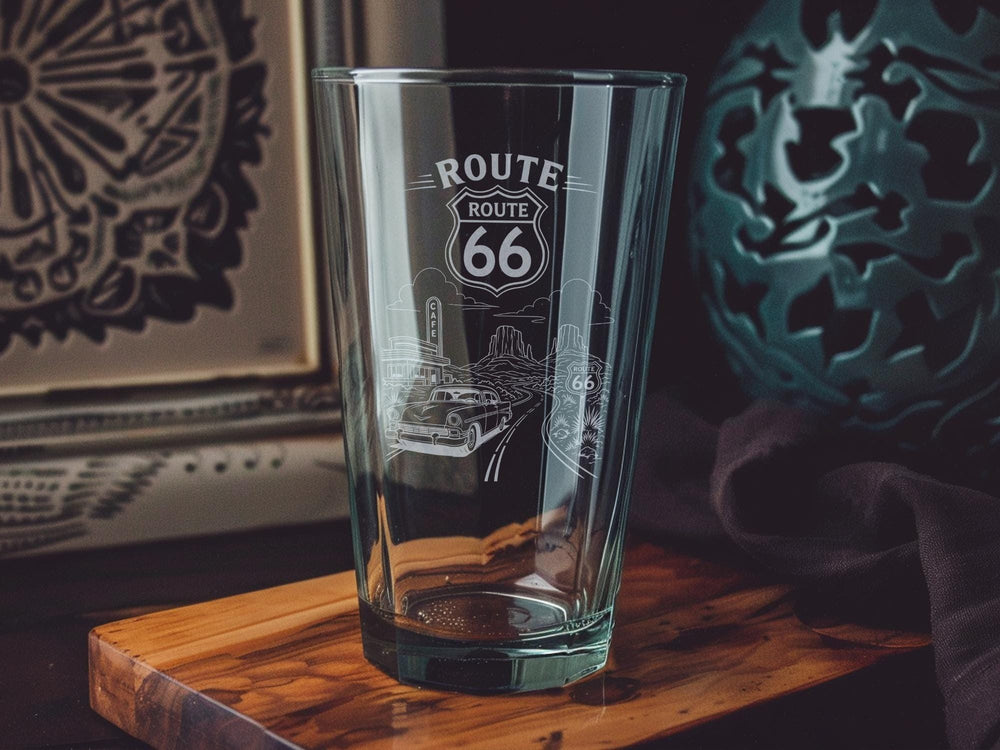 Route 66 Pint Glass, Historic Highway 66 Road Trip Souvenir Glass, American Roadside Travel Theme Drinkware