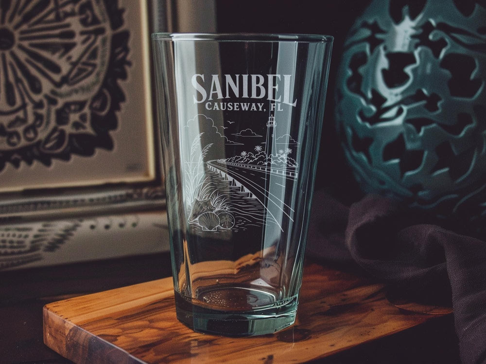 Sanibel Causeway Florida Pint Glass, Sanibel Island FL Souvenir Glass, Coastal Bridge Landmark Drinkware Gift