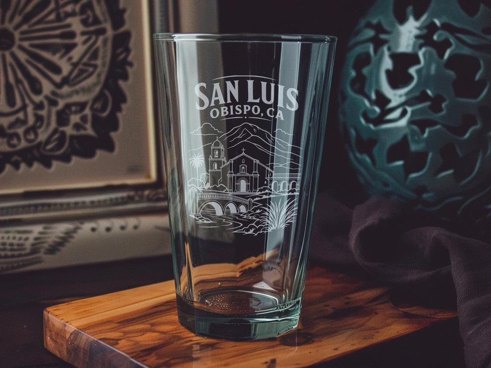 San Luis Obispo CA Pint Glass, San Luis Obispo California Souvenir Glass, Central Coast City Gift, Travel Keepsake Drinkware