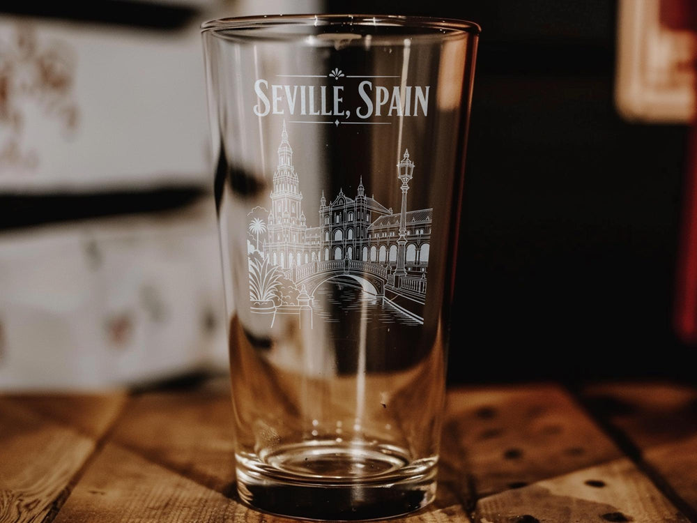 Seville Spain Pint Glass, Seville City Souvenir Beer Glass, Spain Travel Gift, Andalusia Landmark Drinkware