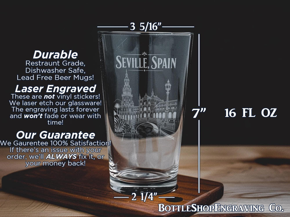 Seville Spain Pint Glass, Seville City Souvenir Beer Glass, Spain Travel Gift, Andalusia Landmark Drinkware