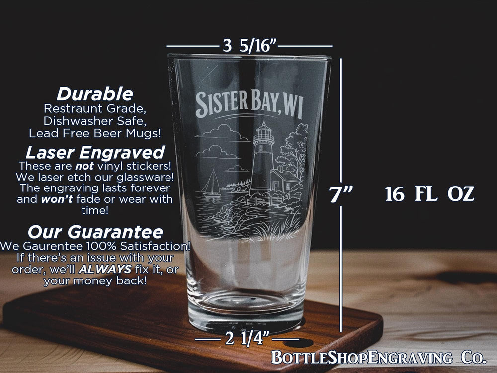 Sister Bay WI Pint Glass, Door County Wisconsin Souvenir Beer Glass, Sister Bay Travel Gift, Lake Michigan Vacation Keepsake