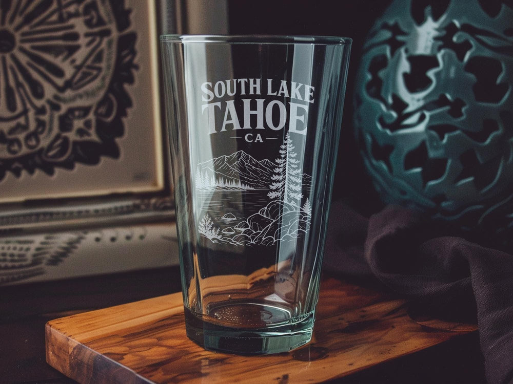 South Lake Tahoe CA Pint Glass, Lake Tahoe California Souvenir Beer Glass, South Lake Tahoe Travel Gift, Tahoe Lakefront Drinkware