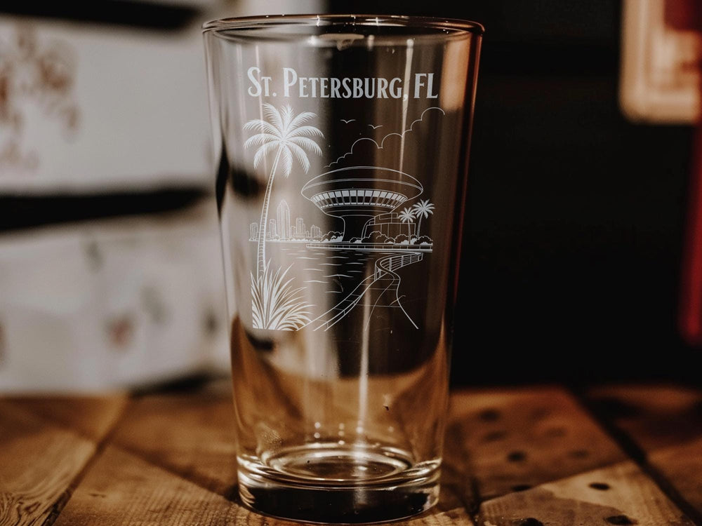 St Petersburg FL Pint Glass, Florida Souvenir Beer Glass, St Pete Florida Travel Gift, Coastal City Keepsake Glassware