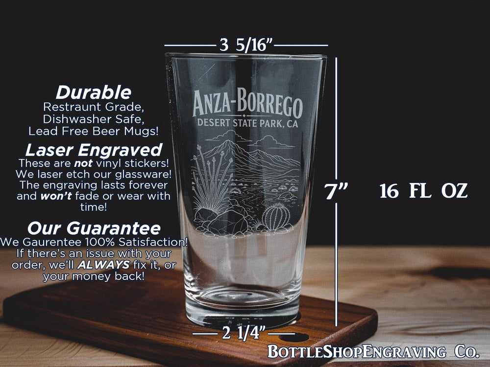 Anza-Borrego Desert State Park CA Pint Glass, California Desert Souvenir Glass, Anza Borrego Travel Gift Drinkware