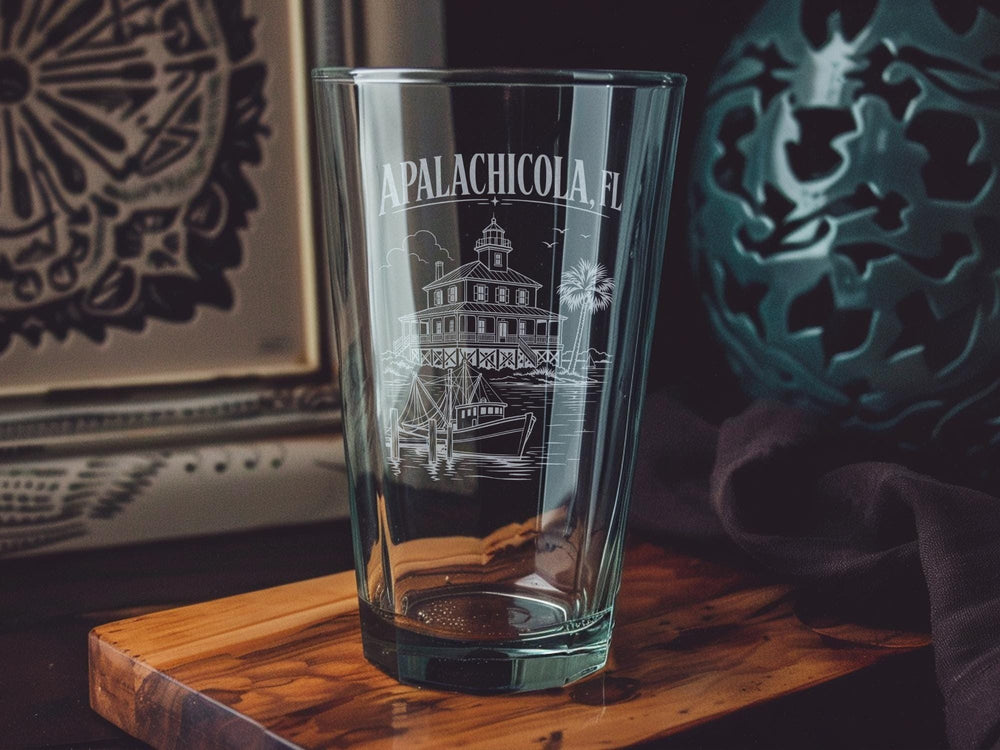 Apalachicola FL Pint Glass, Apalachicola Florida Souvenir Glass, Gulf Coast Travel Gift, Coastal Town Keepsake Drinkware