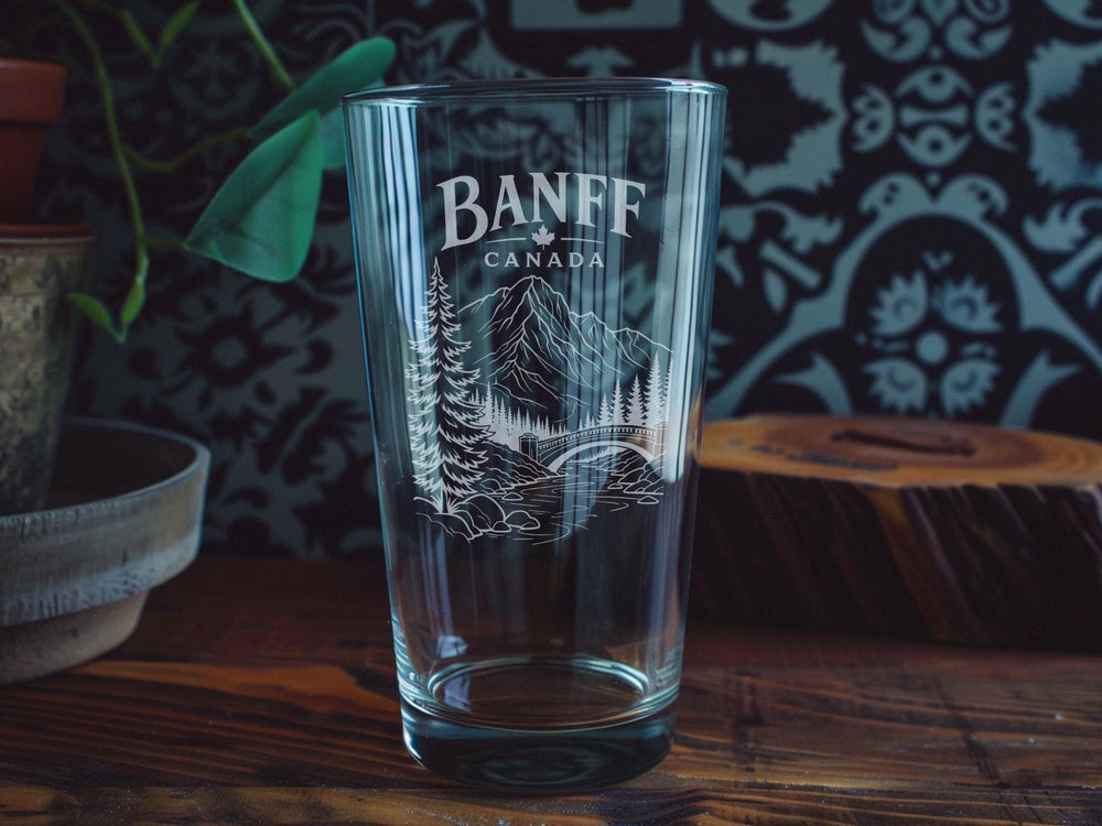 Banff Canada Pint Glass, Banff National Park Souvenir Beer Glass, Rocky Mountains Travel Gift, Alberta Canada Keepsake Glass