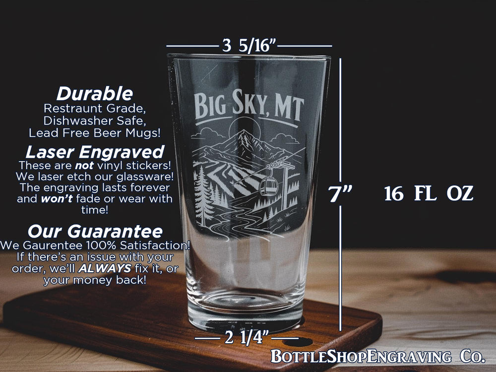 Big Sky Montana Pint Glass, Big Sky MT Souvenir Beer Glass, Montana Mountain Town Drinkware, Big Sky Gift for Travelers