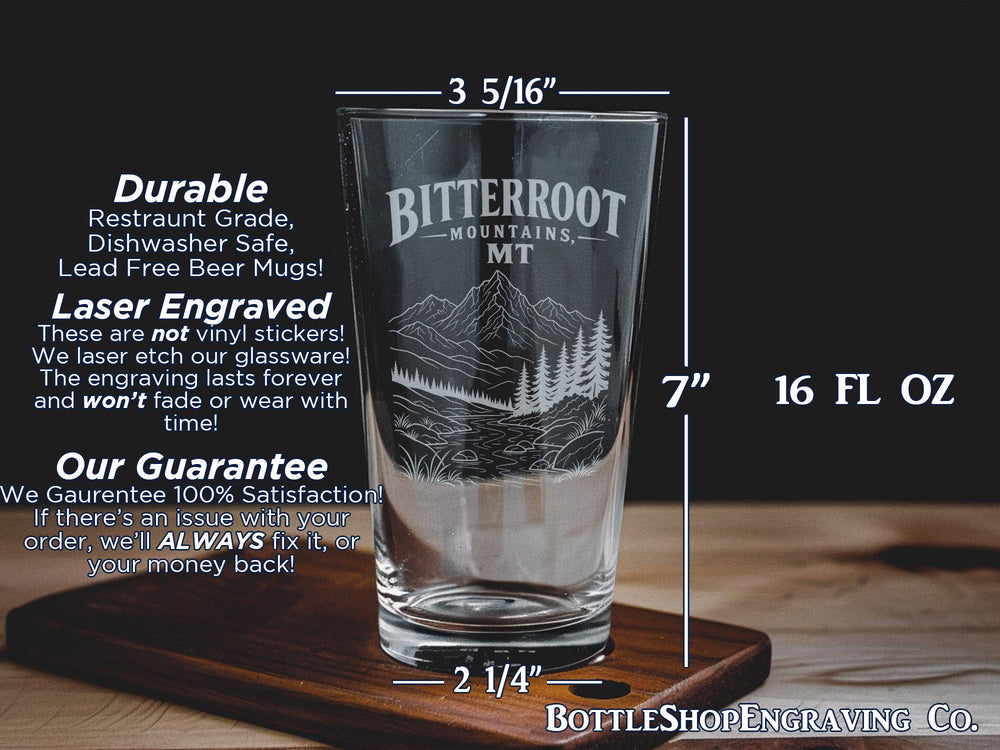 Bitterroot Mountains Montana Pint Glass, Bitterroot Range MT Souvenir Beer Glass, Mountain Landscape Drinkware Gift