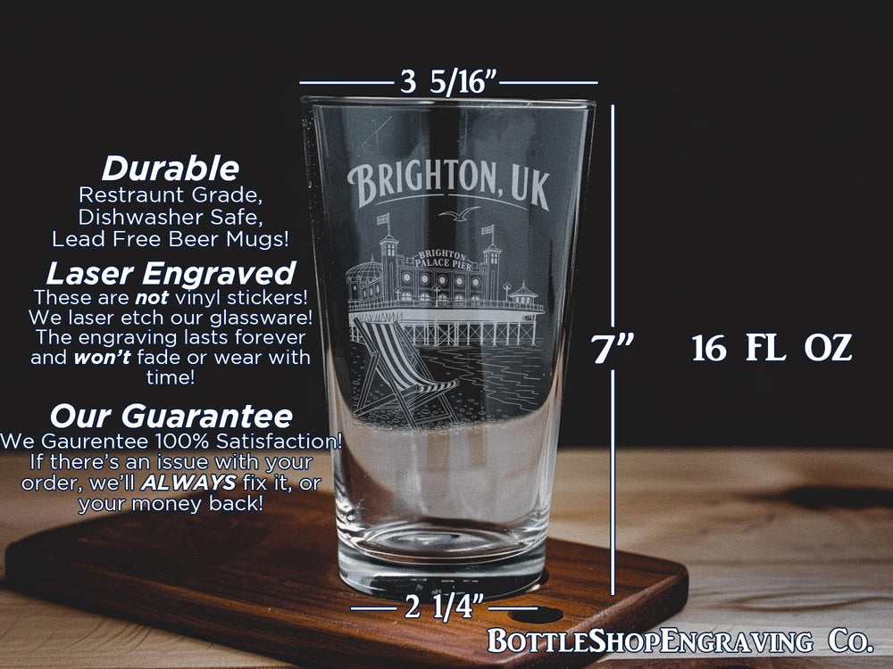 Brighton UK Pint Glass, Brighton Seaside Souvenir Beer Glass, Brighton Pier and Beach Pint Glass, England Coastal Pub Glass