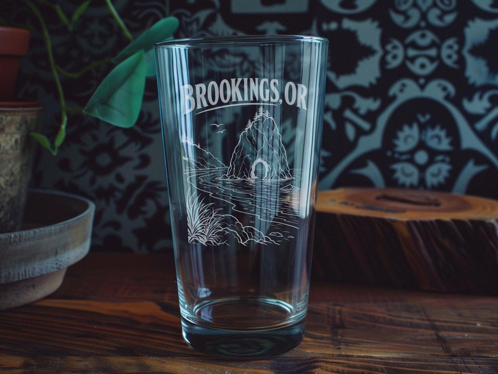 Brookings Oregon Pint Glass, Brookings OR Souvenir Beer Glass, Coastal Oregon Travel Gift, Chetco River & Harbor Theme Drinkware