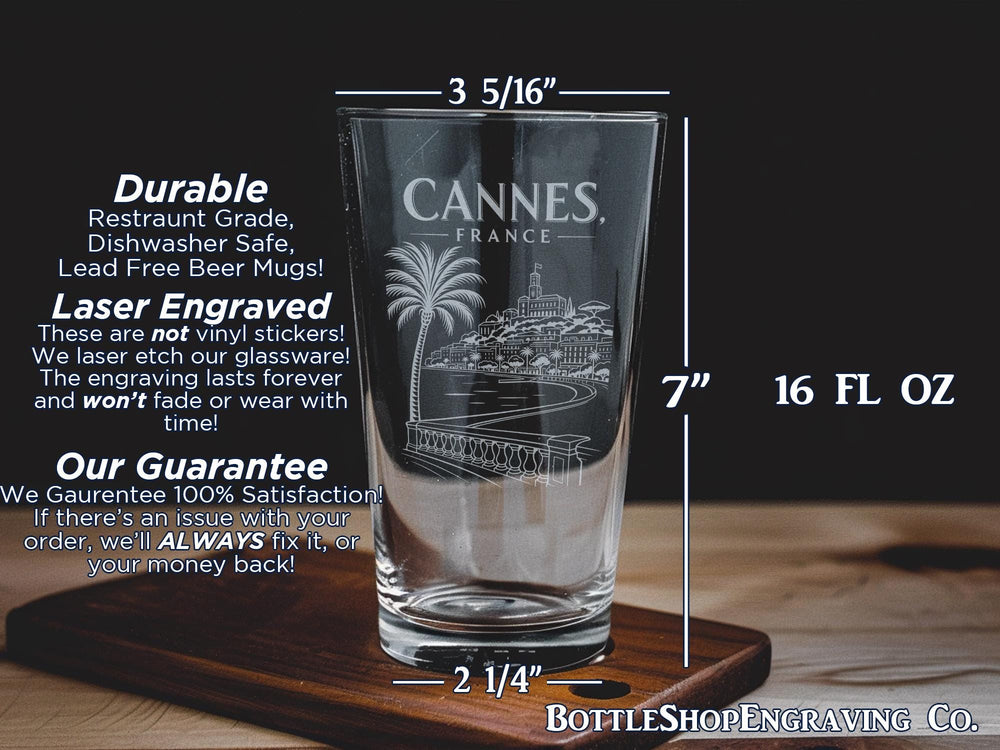 Cannes France Pint Glass, French Riviera Souvenir Beer Glass, Cannes Travel Gift, France Vacation Drinkware, Coastal City Barware