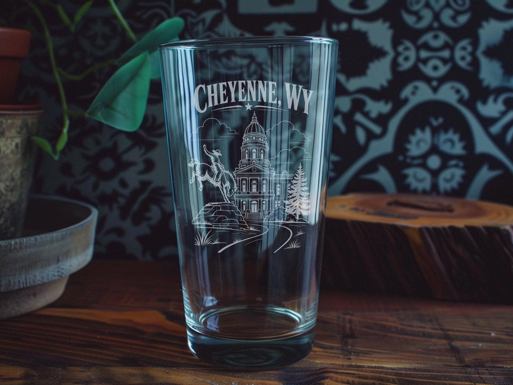 Cheyenne WY Pint Glass, Cheyenne Wyoming Souvenir Beer Glass, Wyoming Travel Gift, Cheyenne City Keepsake Barware