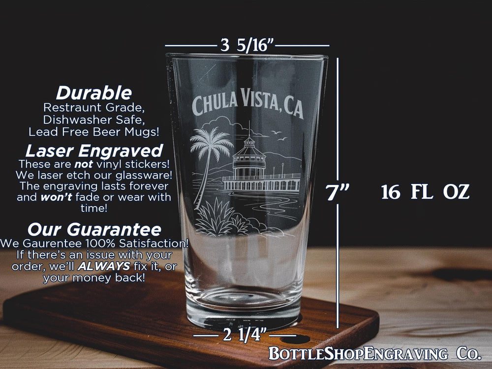 Chula Vista CA Pint Glass, Chula Vista California Souvenir Beer Glass, San Diego County Travel Gift, City Name Bar Glass