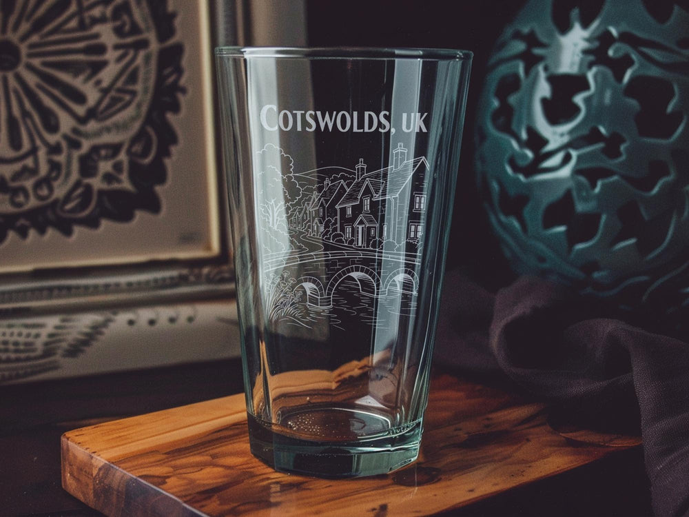 Cotswolds UK Pint Glass, English Countryside Village Pub Souvenir Beer Glass, Cotswold Hills Travel Gift