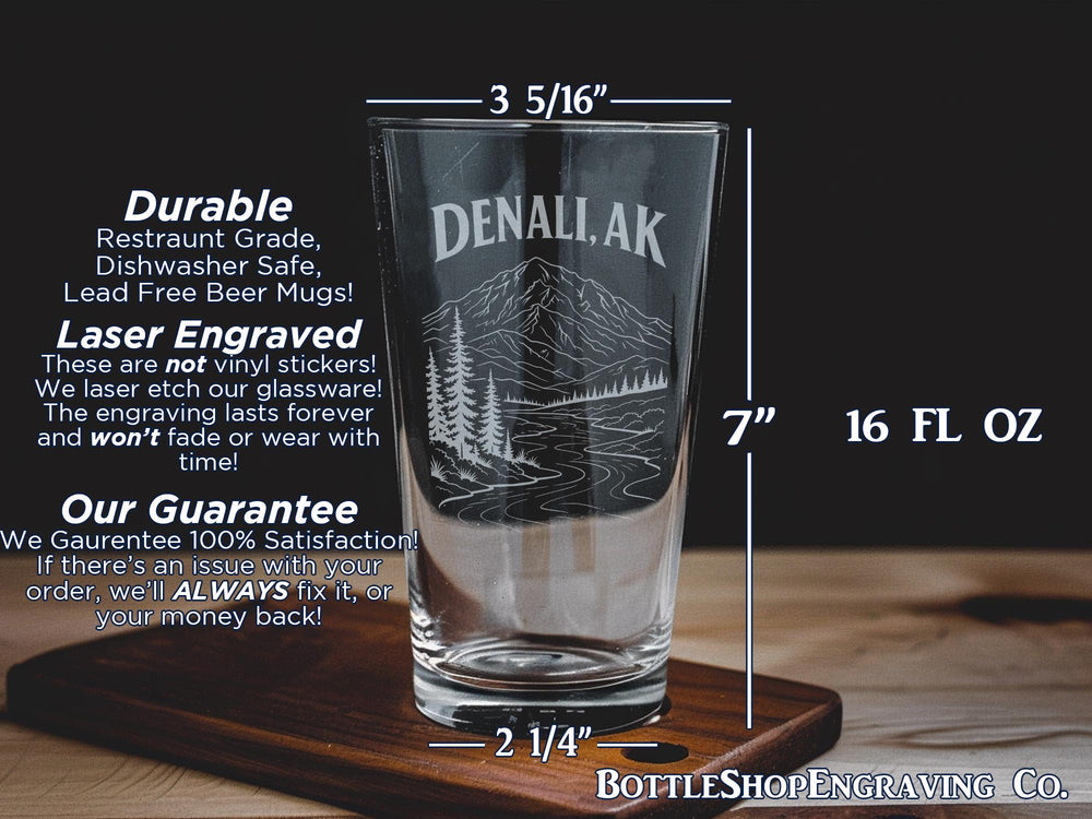 Denali Alaska Pint Glass, Denali National Park Souvenir Beer Glass, Mount Denali Mountain Landscape Drinking Glass Gift