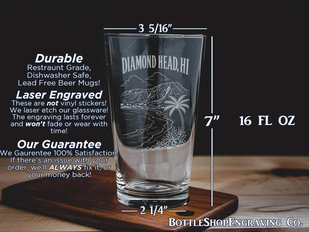 Diamond Head Hawaii Pint Glass, Diamond Head Crater Honolulu Souvenir Glass, Oahu Landmark Drinkware Gift