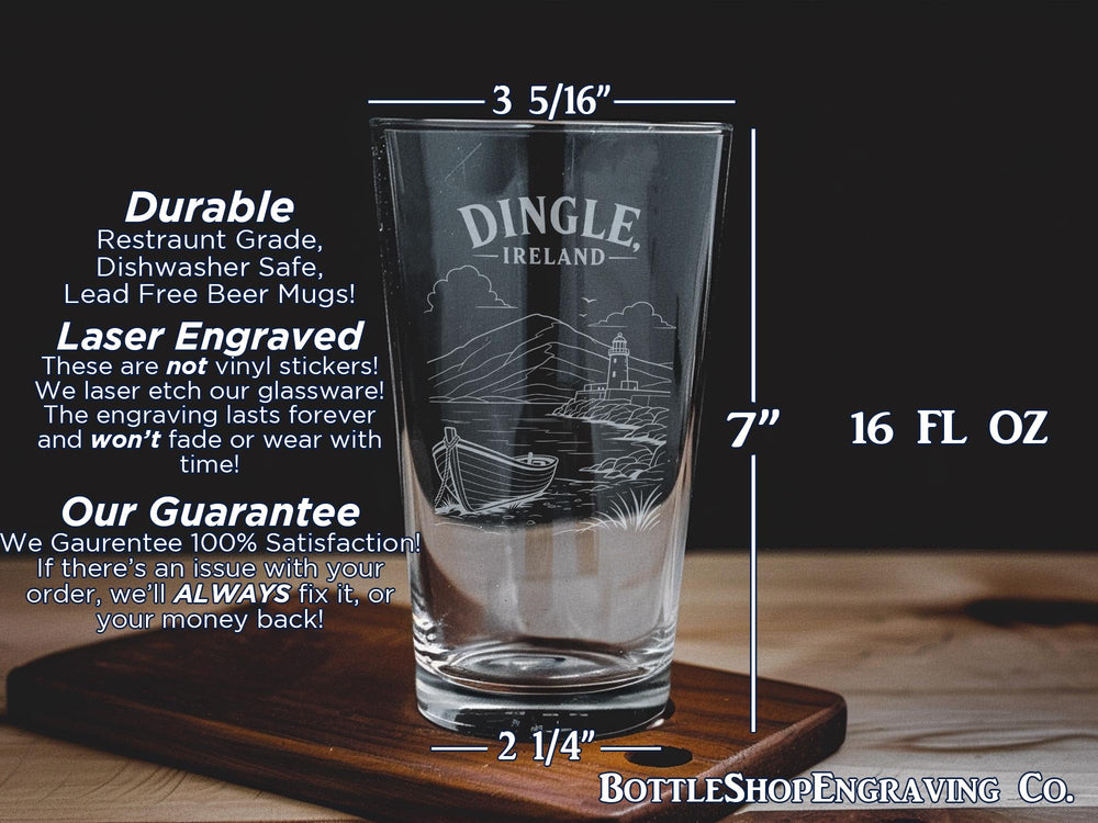Dingle Ireland Pint Glass, Dingle Peninsula Souvenir Beer Glass, Irish Coastal Town Travel Gift, County Kerry Ireland Glass