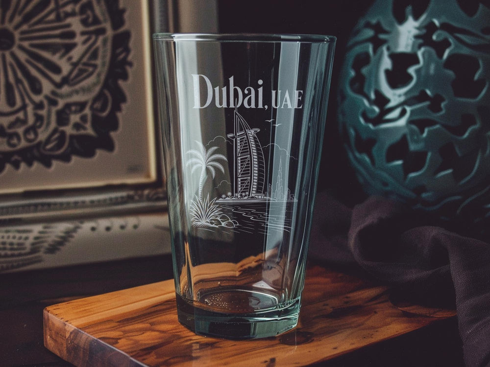 Dubai UAE Pint Glass, Dubai Skyline Souvenir Beer Glass, United Arab Emirates Travel Gift, Dubai Landmark Drinkware