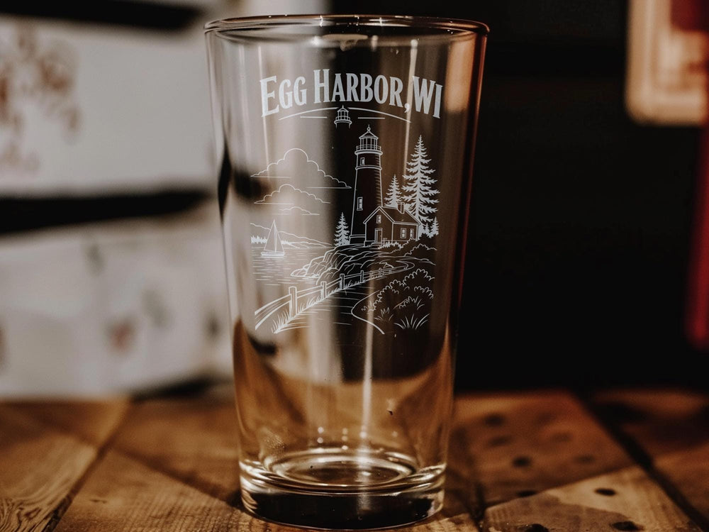 Egg Harbor WI Pint Glass, Egg Harbor Wisconsin Souvenir Bar Glass, Door County Travel Gift, Lakeside Town Keepsake Drinkware