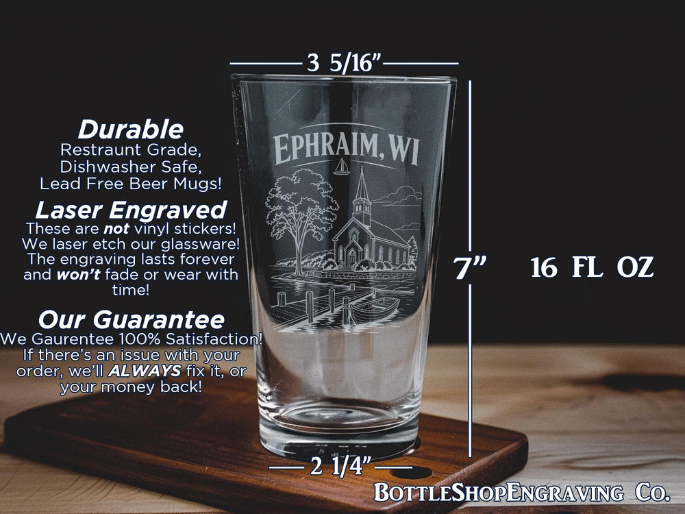Ephraim WI Pint Glass, Door County Wisconsin Souvenir Glass, Ephraim Wisconsin Travel Gift, Lake Michigan Vacation Keepsake