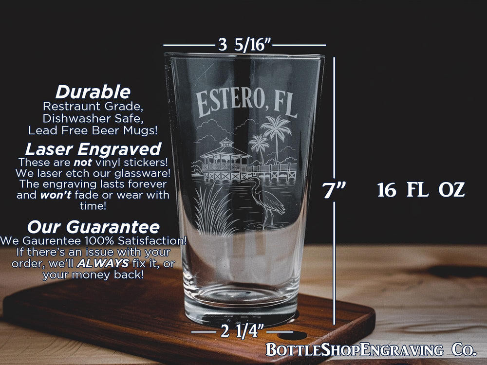 Estero FL Pint Glass, Estero Florida Souvenir Beer Glass, Southwest Florida Gift, Coastal Town Travel Keepsake Glass