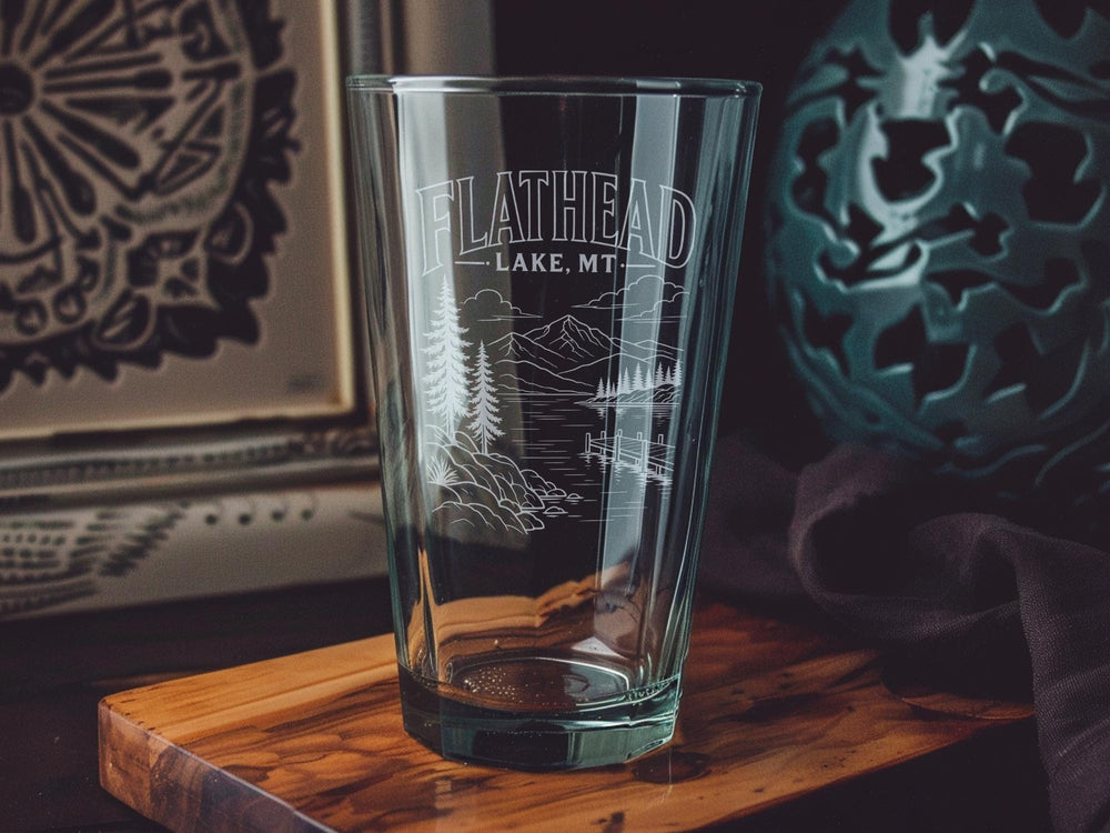 Flathead Lake Montana Pint Glass, MT Lake Souvenir Beer Glass, Flathead Lake Vacation Gift, Bigfork Polson Lakeside Drinkware
