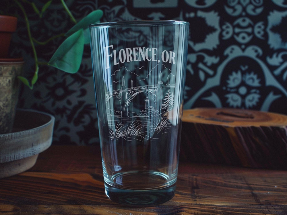 Florence OR Pint Glass, Florence Oregon Souvenir Beer Glass, Coastal Town Gift, Siuslaw River & Old Town Florence Keepsake Glass